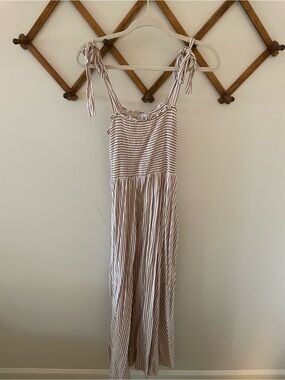 Striped Tie-Shoulder Cotton Dress in Beige and White